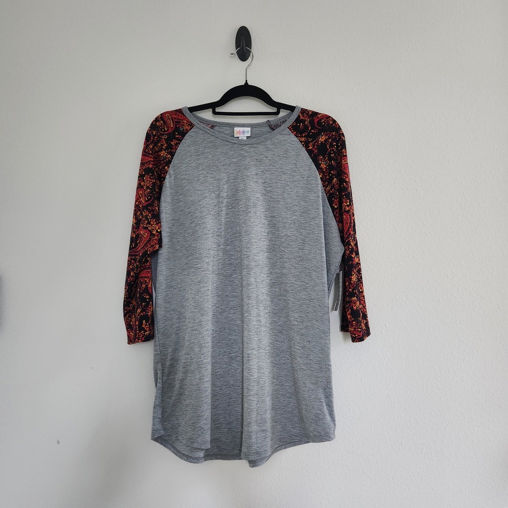 LuLaRoe Randy Baseball Tee Heather Grey Paisley 3/4 Sleeve Top XL NEW